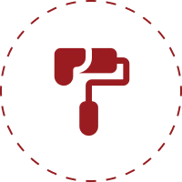 Paint roller symbol in red circle.
